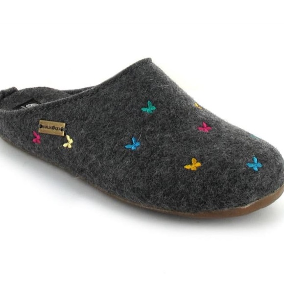 Haflinger Shoes Haflinger Farfalline Butterfly Embroidered Gray Wool Slippers Hard Sole